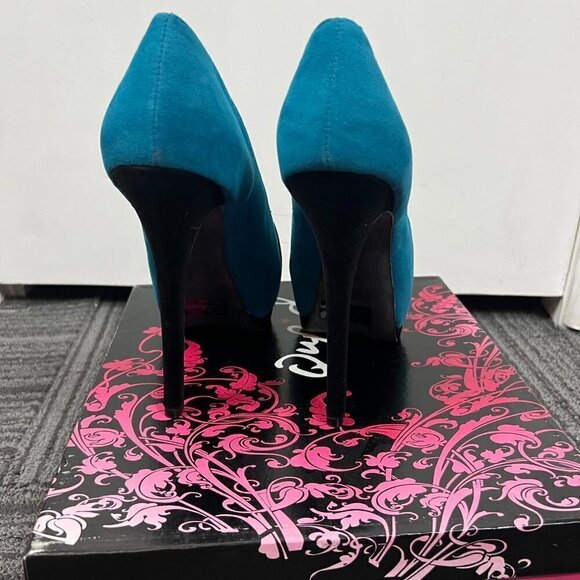 Qupid Tatum 47 teal velvet Ruched peep toe Platform Pumps  Sz 8 - Picture 5 of 8